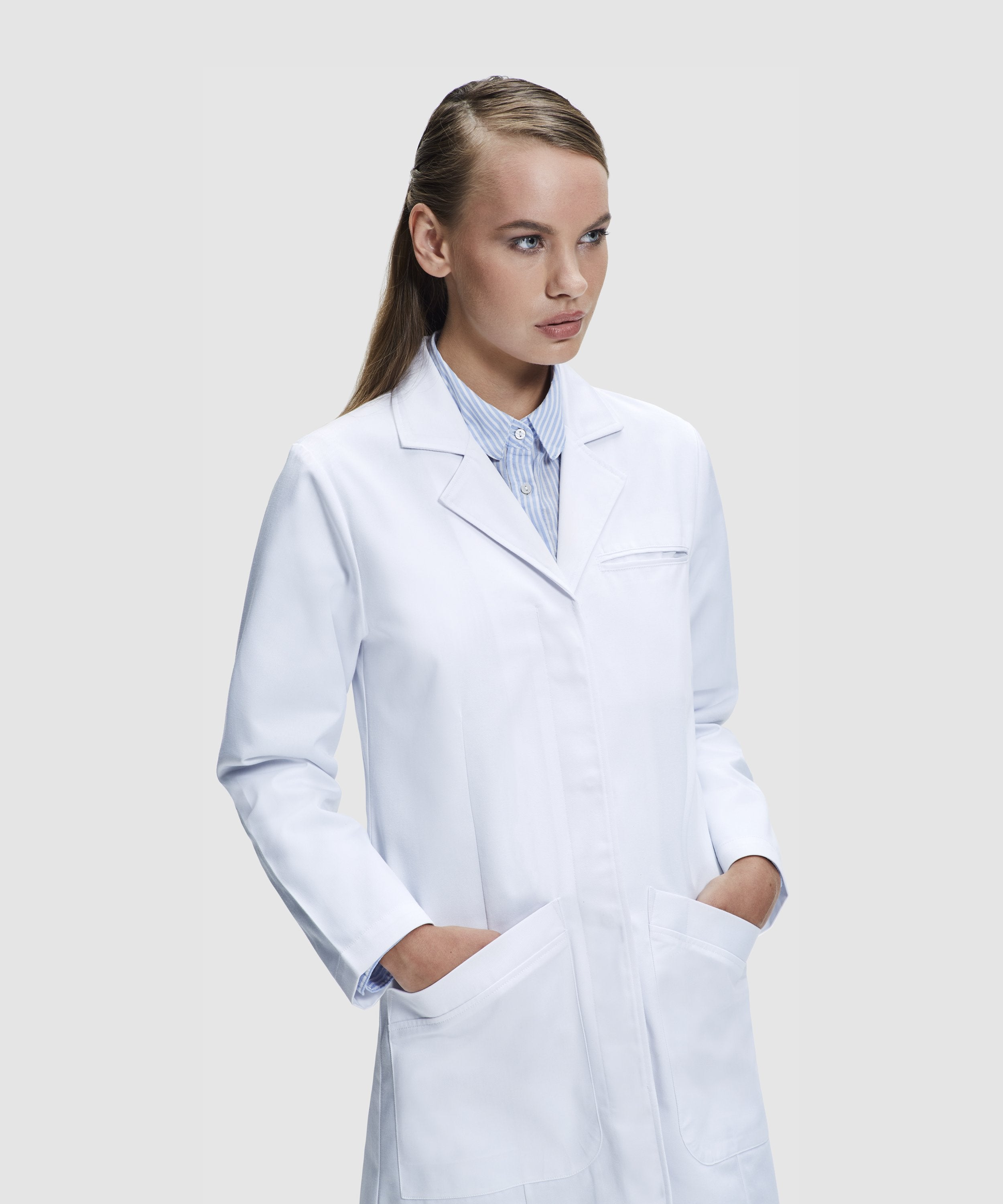 DR3 James Lab Coat For Women, 100% Cotton, Classic Fit Multiple Pockets White 37 Inch Length